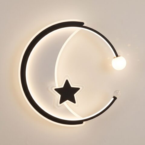 Kinder-Deckenleuchte Sternenhimmel, schwarz-weißer Ring mit Mond, Stern und Kugel, von vorne an der Decke