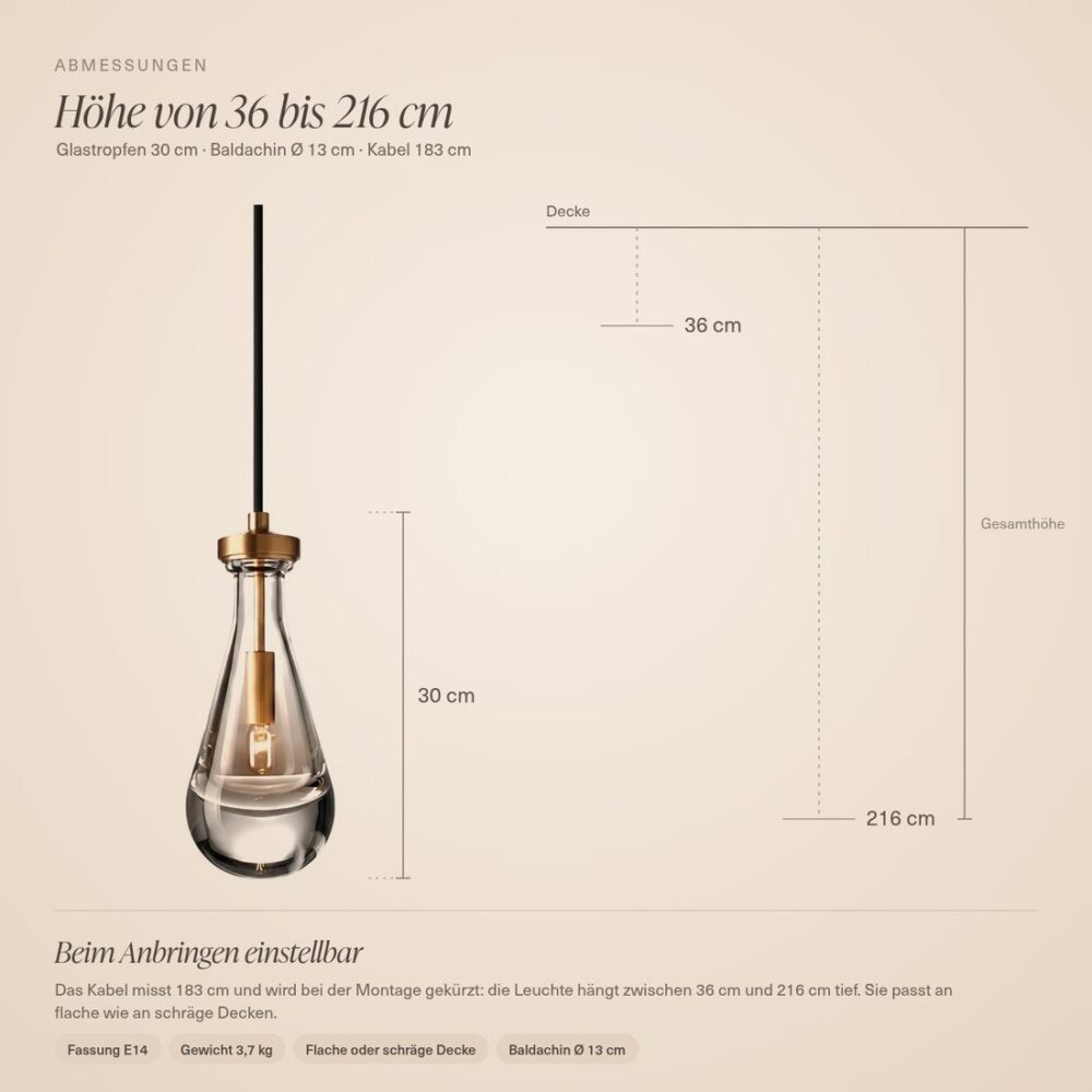 Abmessungen der Kristall-Pendelleuchte: Glas 30 cm, Höhe von 36 bis 216 cm einstellbar