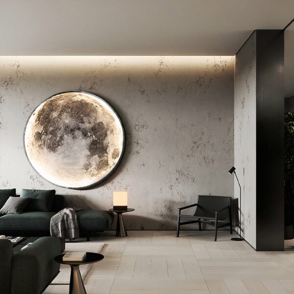 Moderne runde Lunar LED-Innenwandleuchte in einem modernen Wohnzimmer