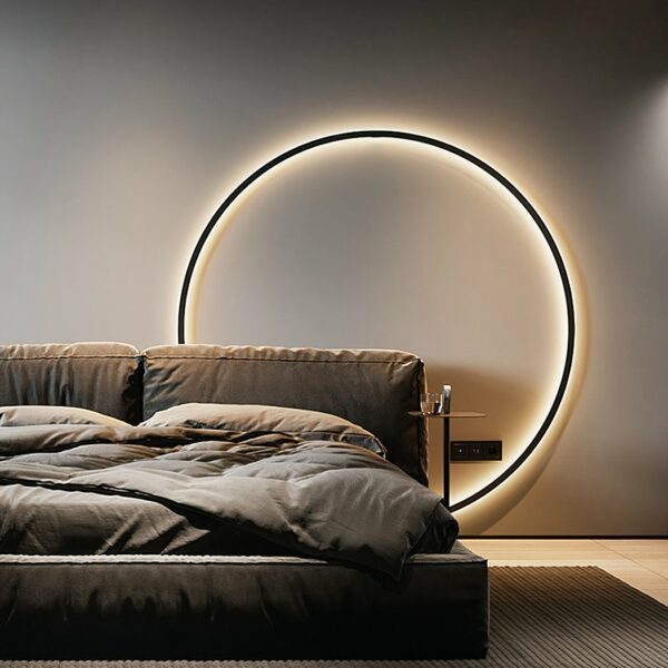 Wandleuchte am Kopfende eines Bettes in runder Form, schwarz, mit Licht um den Kreis, hinter einem Bett