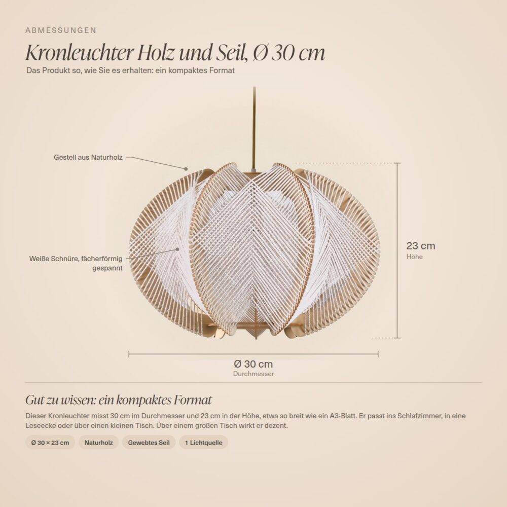 Maße des Kronleuchters aus Holz und Seil: 30 cm Durchmesser, 23 cm Höhe