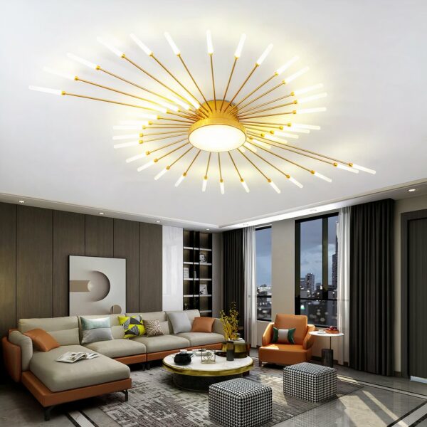 Moderner LED-Deckenlampen-Kronleuchter aus Metall im Feuerwerksstil, der an der Decke eines Wohnzimmers über einem Sofa hängt.