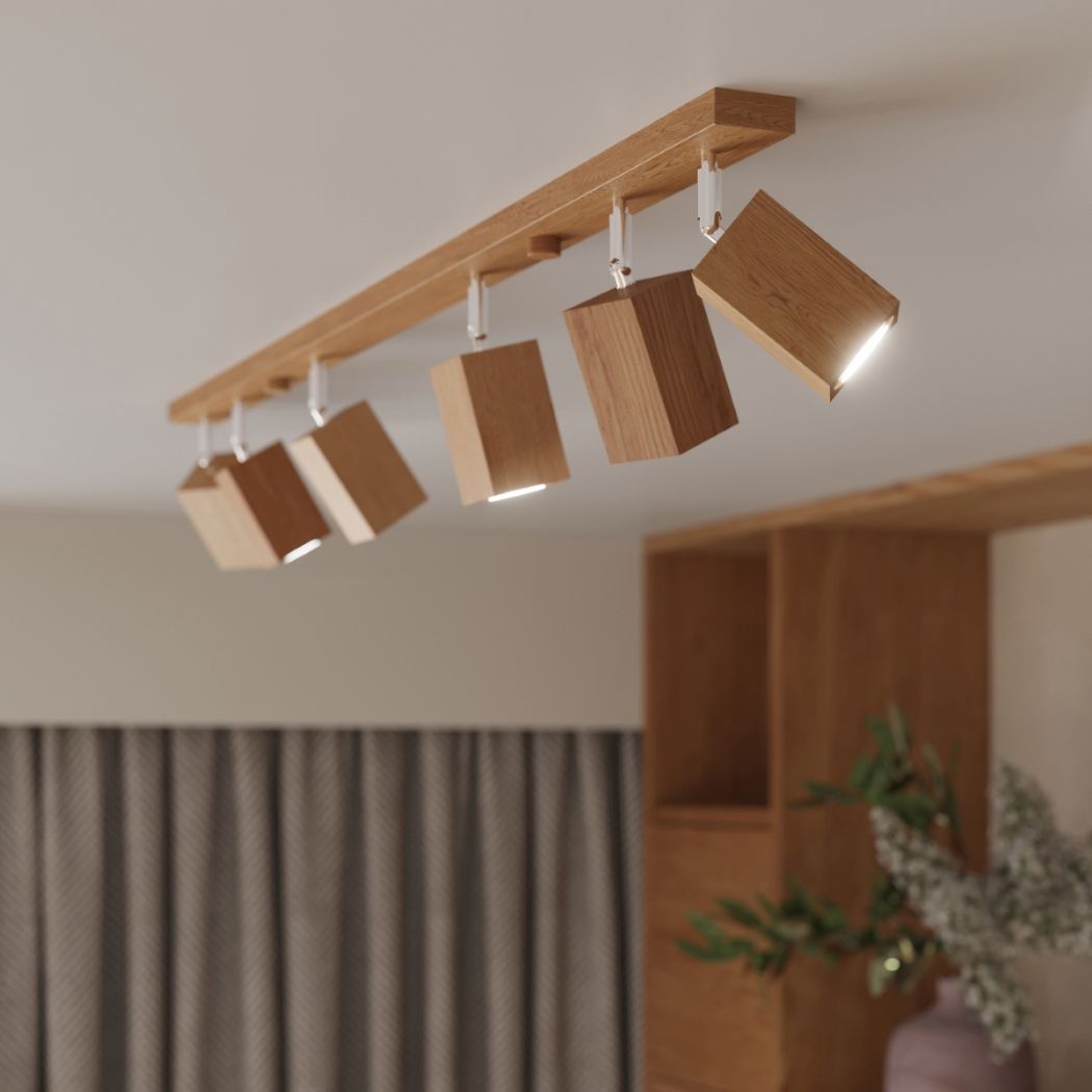 Skandinavische Deckenleuchte aus Naturholz mit 6 schwenkbaren Spots