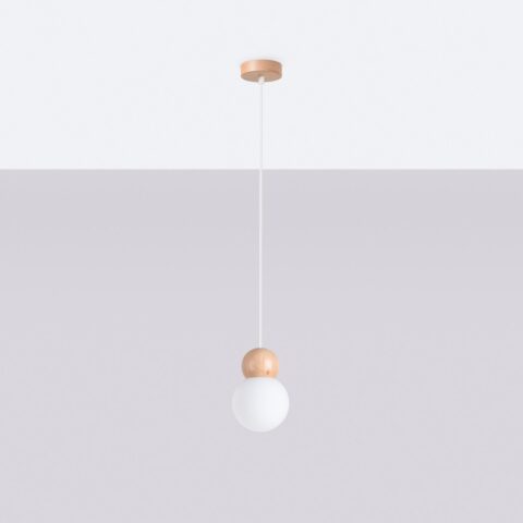 Pendelleuchte Globus aus Holz und Opalglas im Japandi-Stil