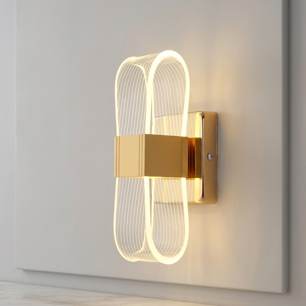 Wandleuchte aus goldenem Metall mit schleifenförmigem Acryldiffusor
