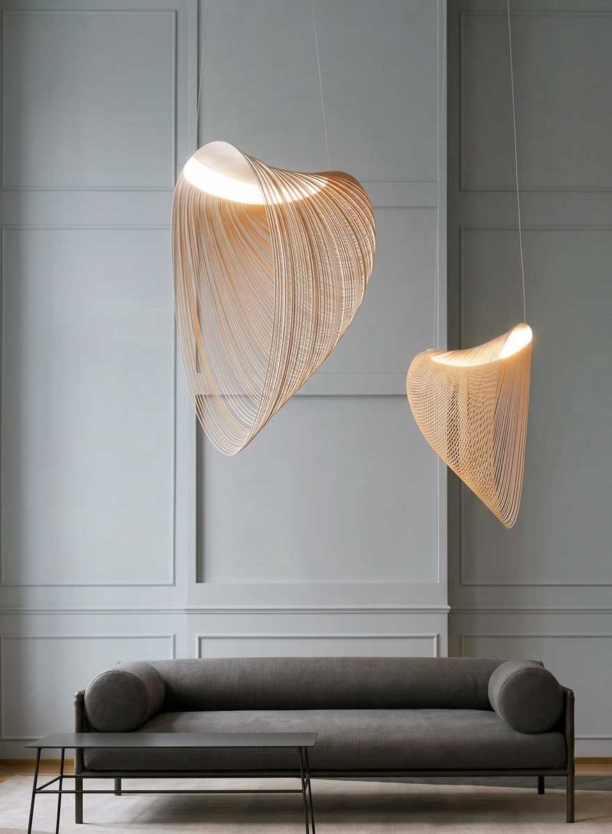 Accueil suspension led bois design nid hirondelle