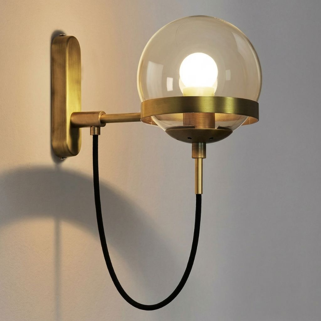 Vintage-Wandleuchte aus Messing mit klarer Glaskugel und hängendem Kabel