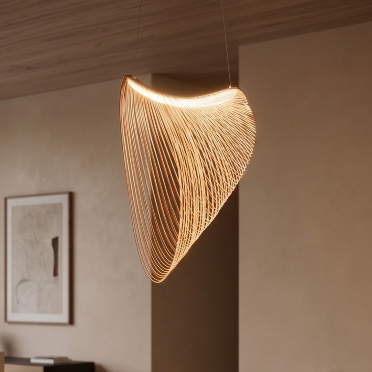 Hängeleuchte aus geschwungenen Holzlamellen im Schwalbennest-Design