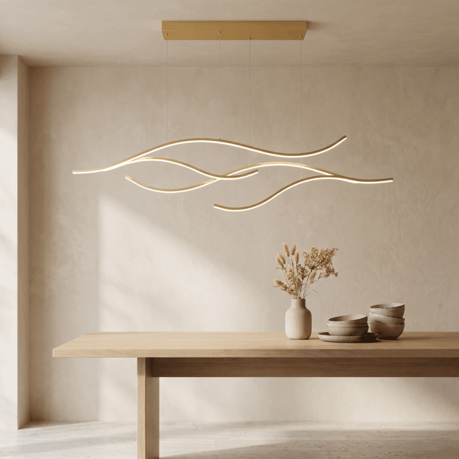 IMG_05_22_suspension_plafonnier_led_design_vague_minimaliste_1.png Goldene LED-Hängeleuchte in Wellenform über einem hellen Holztisch
