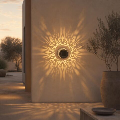 Solar-Wandleuchte mit Mandala-Lichtprojektion auf einer Außenwand in der Dämmerung