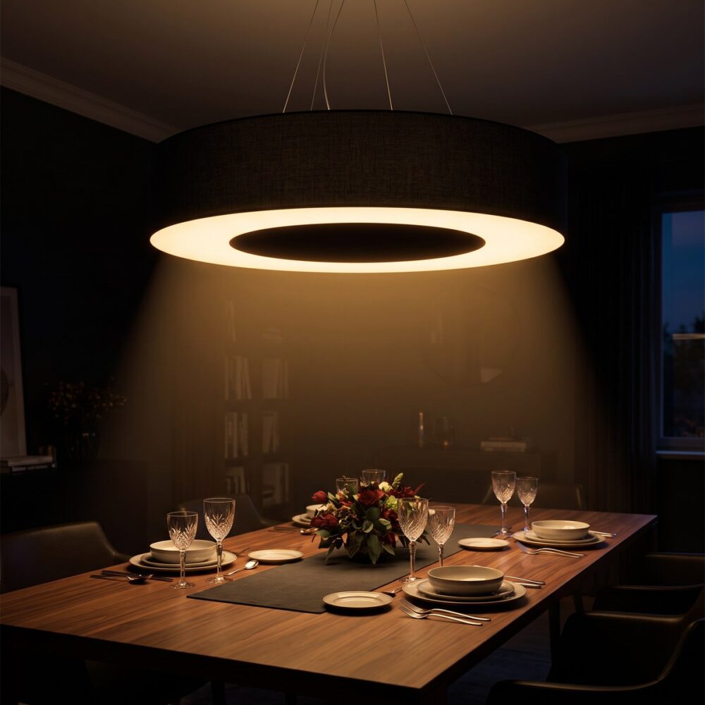Ring-Pendelleuchte aus schwarzem Stoff, 90 cm