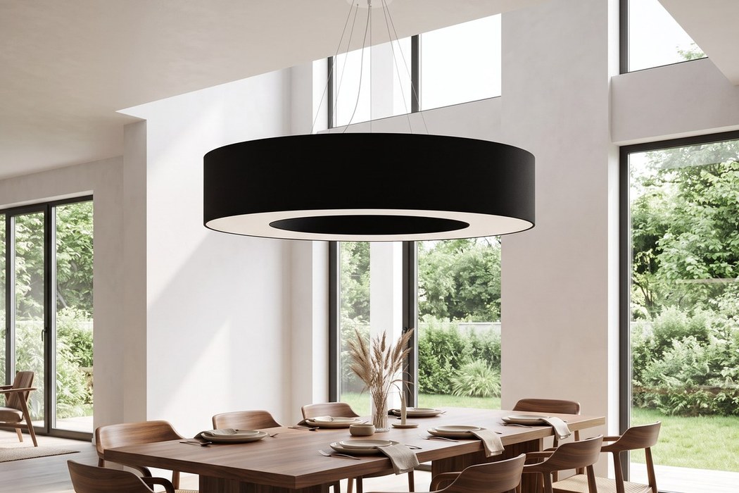 Ring-Pendelleuchte aus schwarzem Stoff, 90 cm