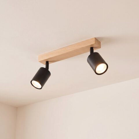 Deckenleuchte aus Holz und schwarzem Metall mit ausrichtbaren Spots
