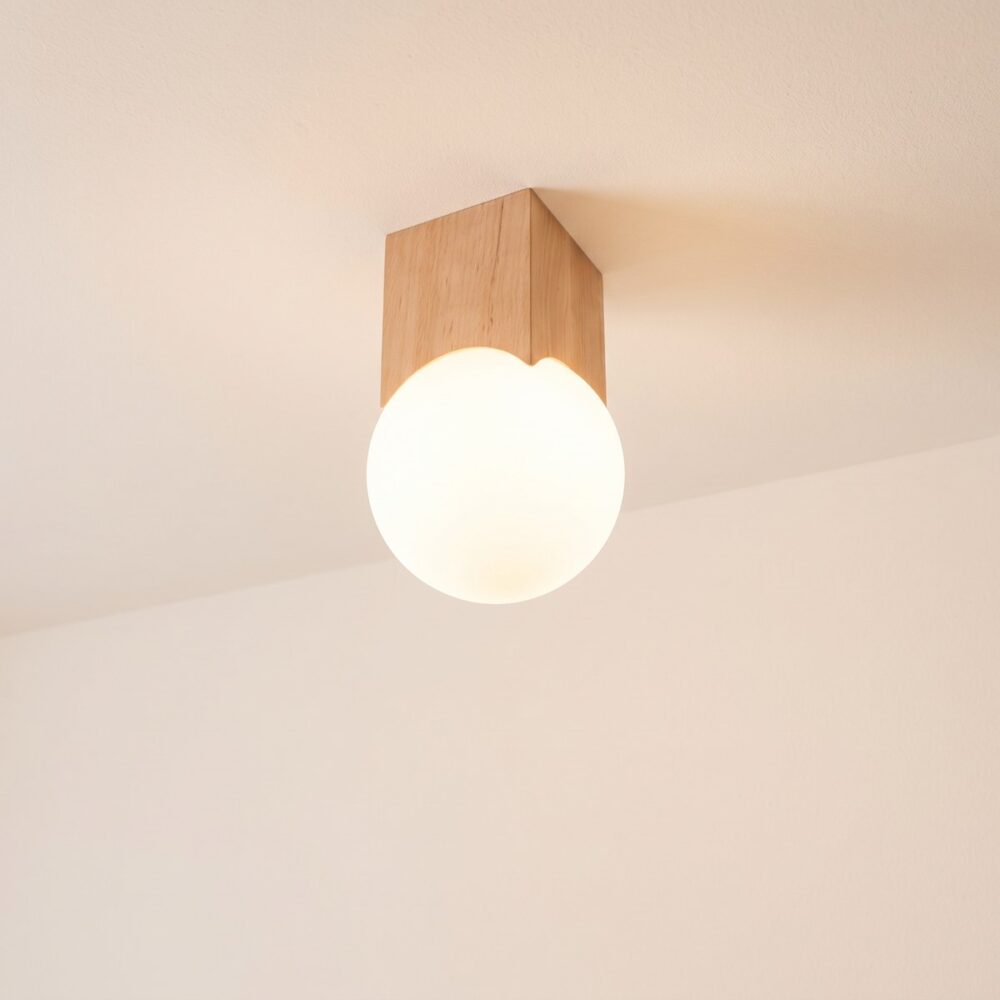 Japandi-Deckenleuchte aus hellem Holz und Opalglas