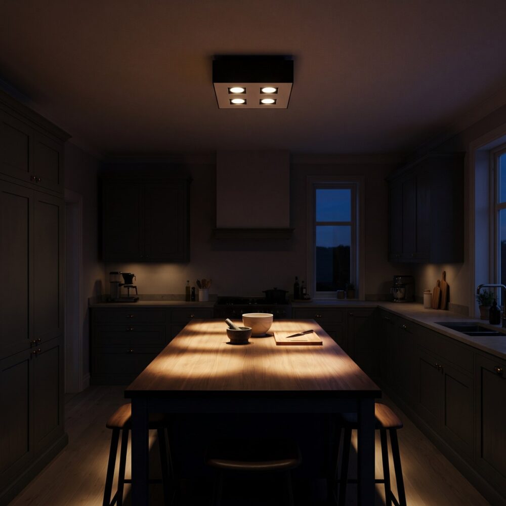 Quadratischer Deckenspot mit 4 Lampen, weiß oder schwarz