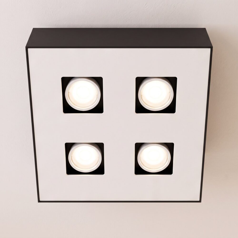Quadratischer Deckenspot mit 4 Lampen, weiß oder schwarz