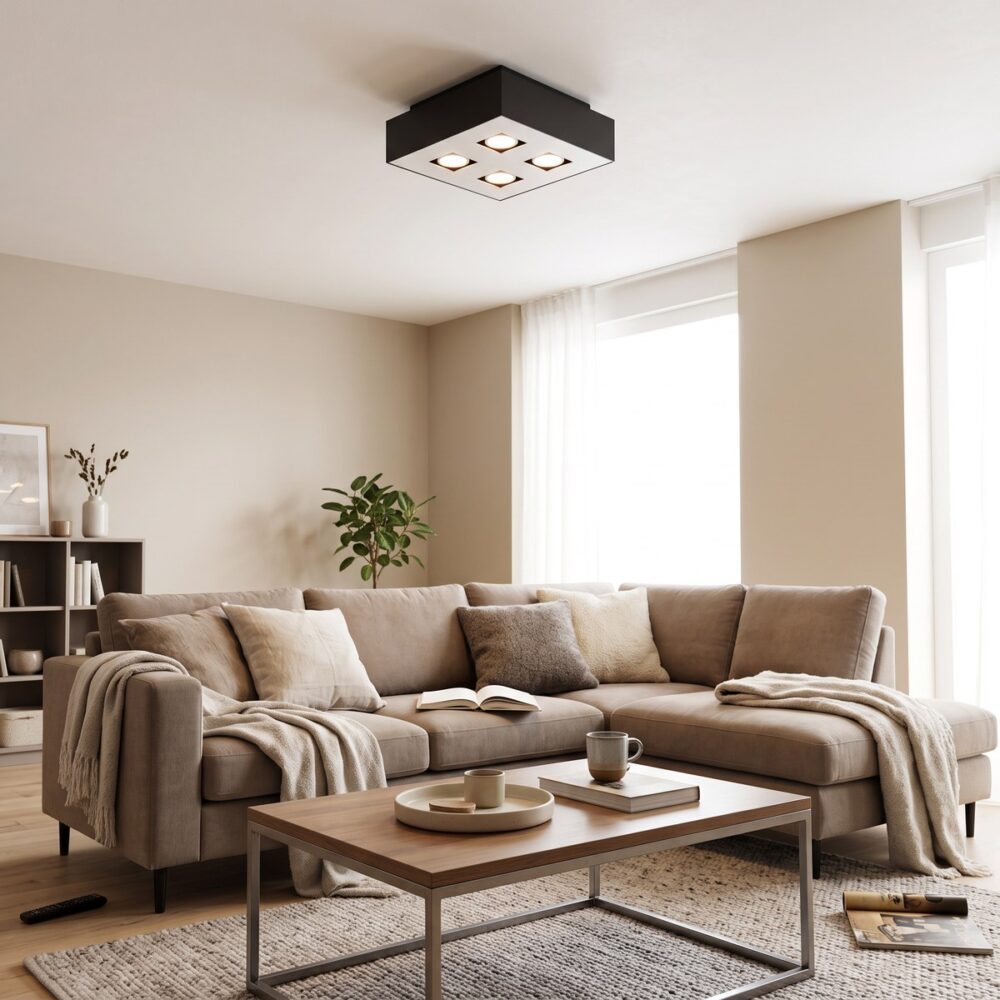 Quadratischer Deckenspot mit 4 Lampen, weiß oder schwarz