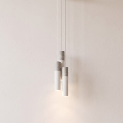 Industrielle Pendelleuchte mit 3 Lampen aus Beton und Stahl
