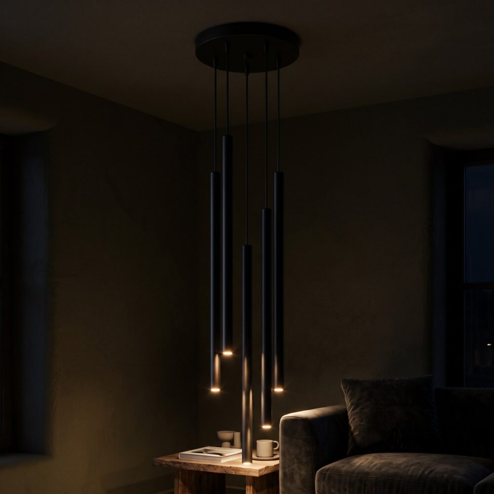 Design-Pendelleuchte mit 5 Stahlrohren