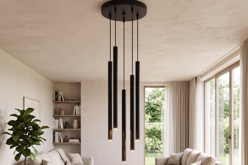 Design-Pendelleuchte mit 5 Stahlrohren