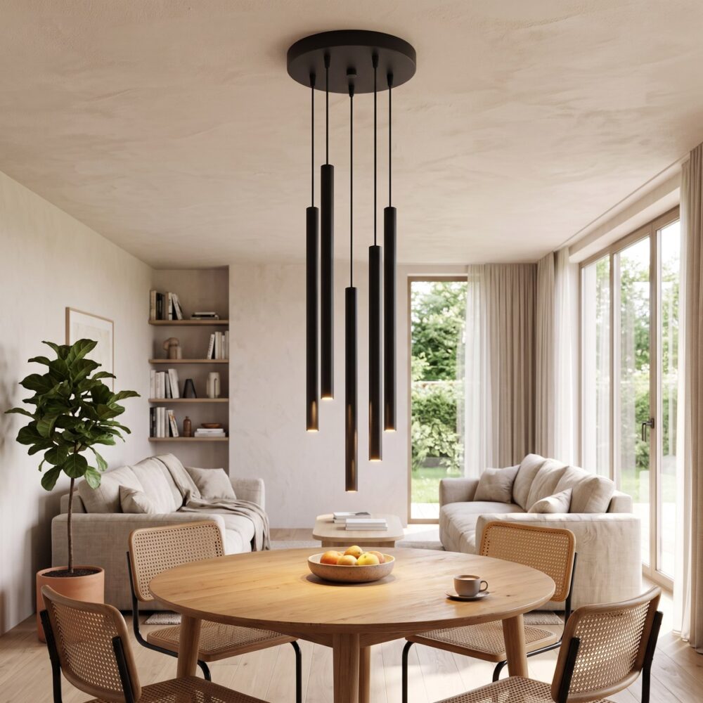 Design-Pendelleuchte mit 5 Stahlrohren