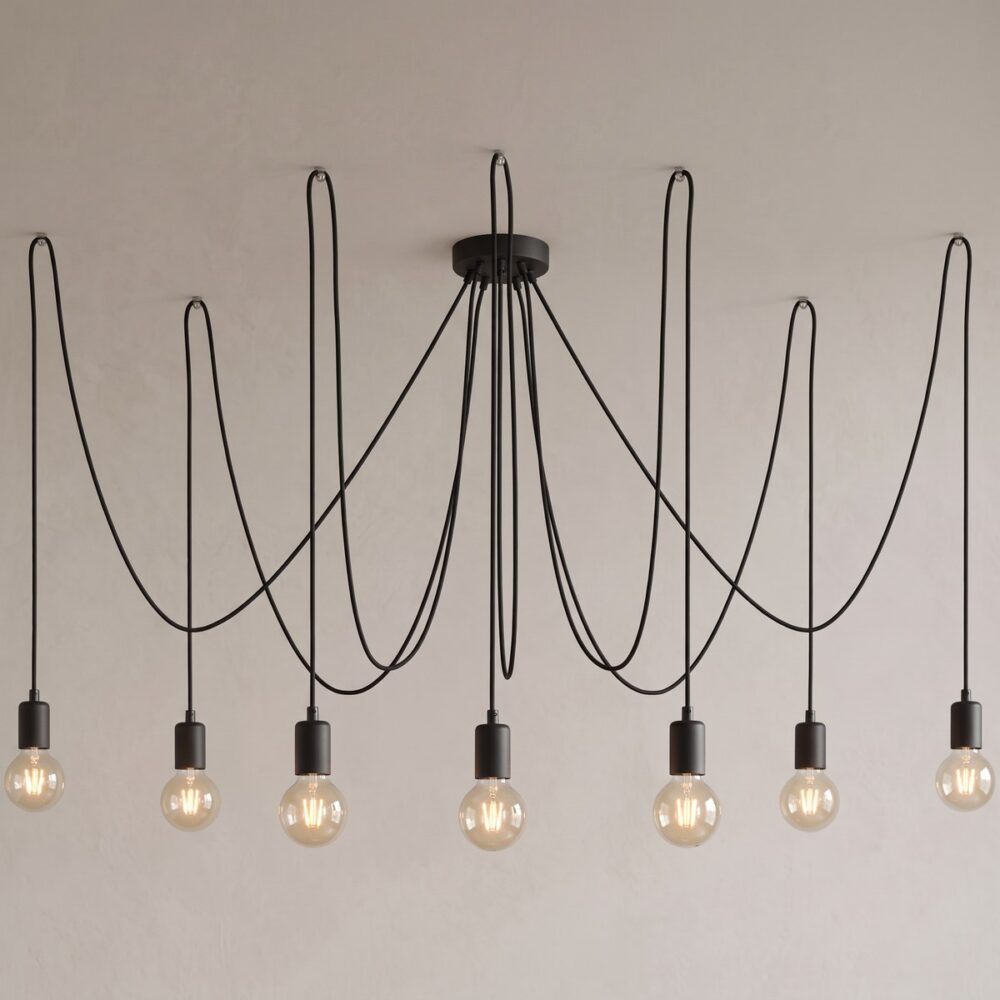Pendelleuchte Spinne 7 Lampen mit schwarzen Textilkabeln