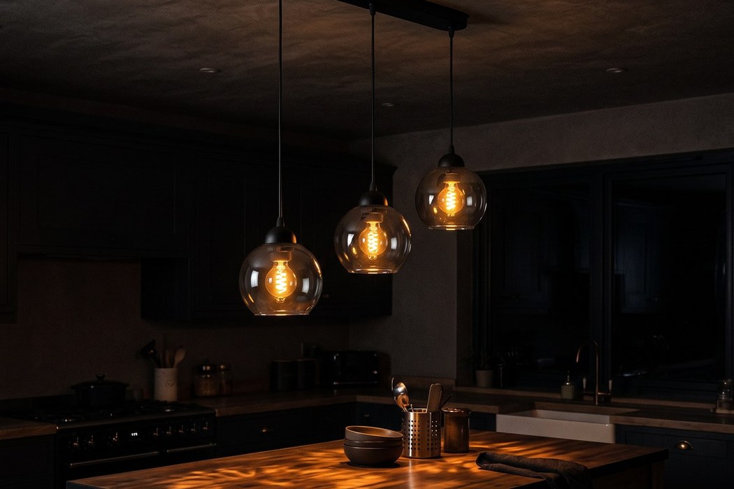 Hängeleuchte mit 3 Design-Lampen aus Rauchglas