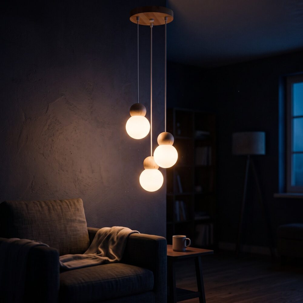 Minimalistische Pendelleuchte mit 3 Lampen aus Glas und Holz