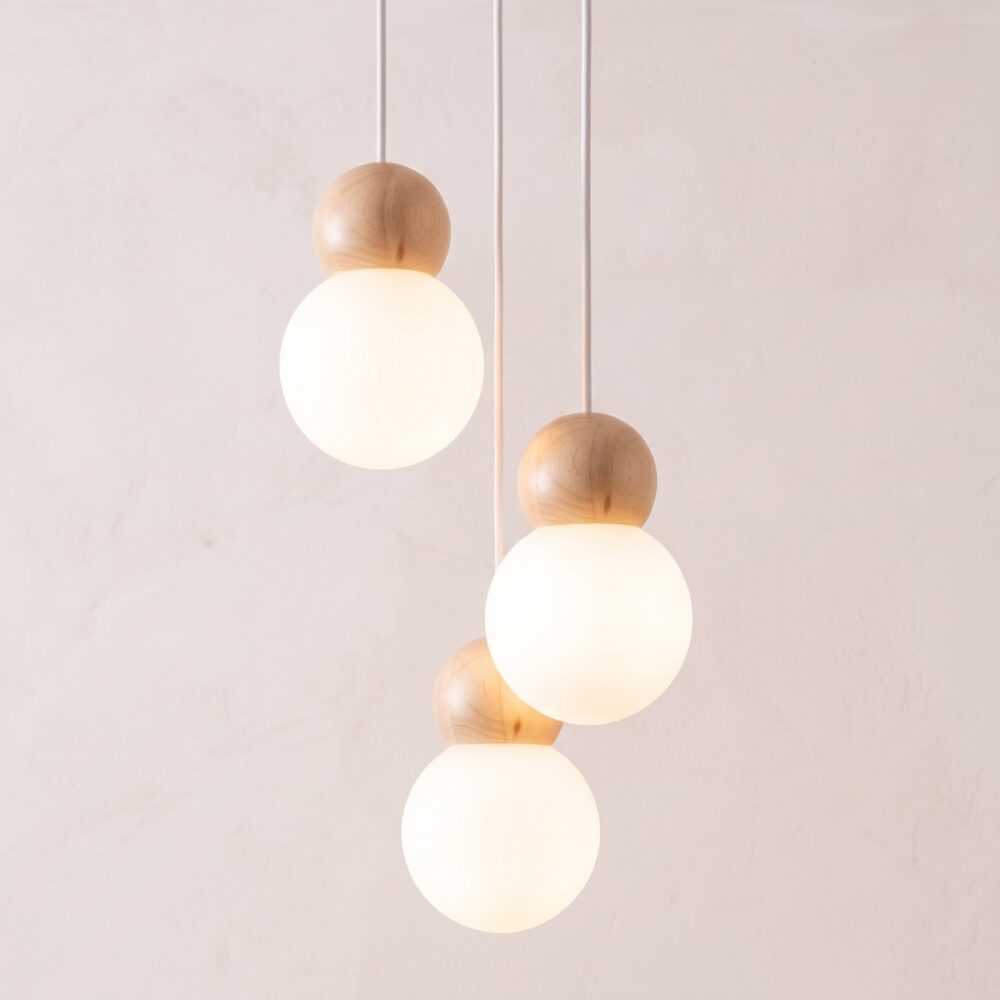 Minimalistische Pendelleuchte mit 3 Lampen aus Glas und Holz