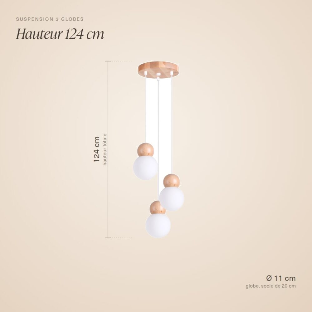 Minimalistische Pendelleuchte mit 3 Lampen aus Glas und Holz