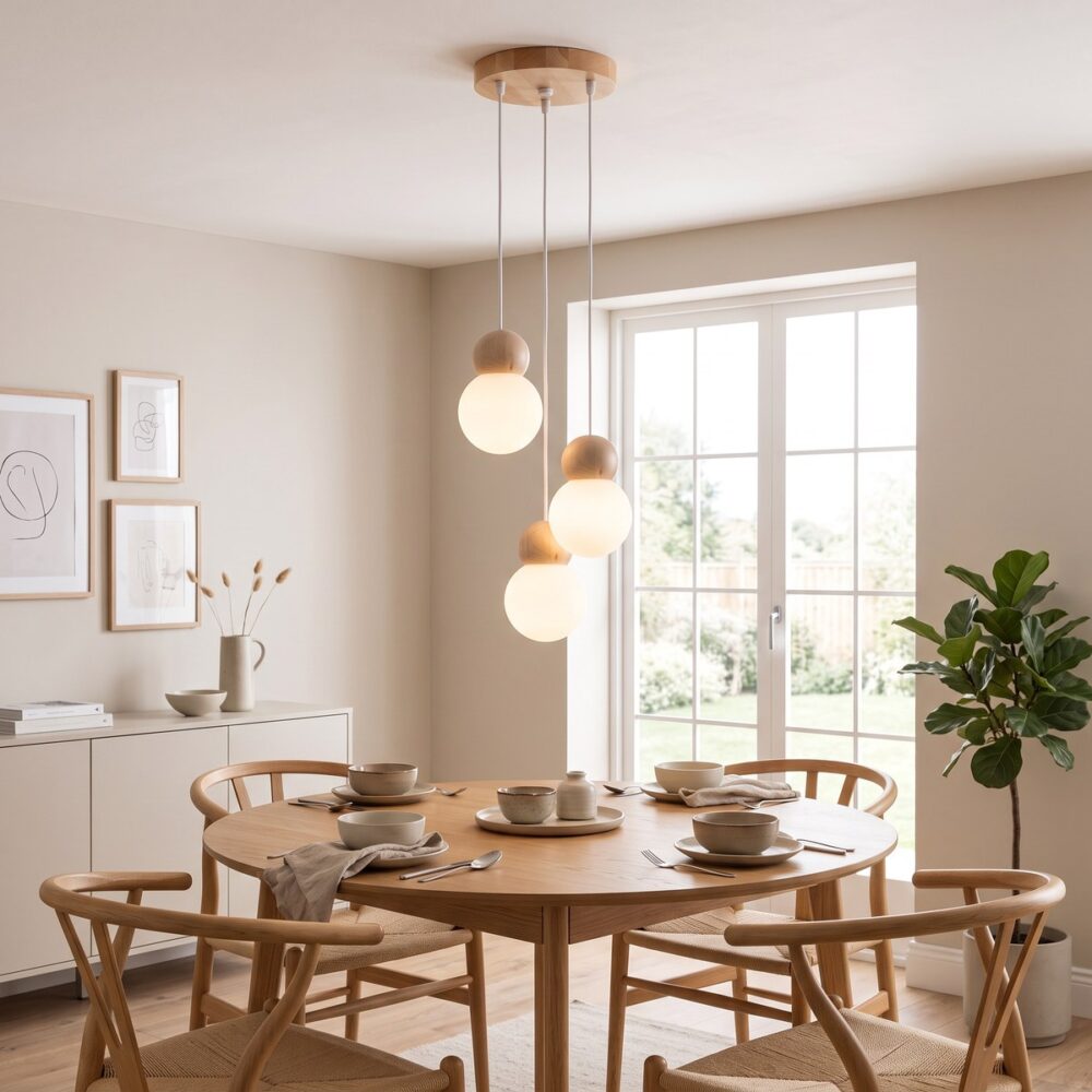 Minimalistische Pendelleuchte mit 3 Lampen aus Glas und Holz
