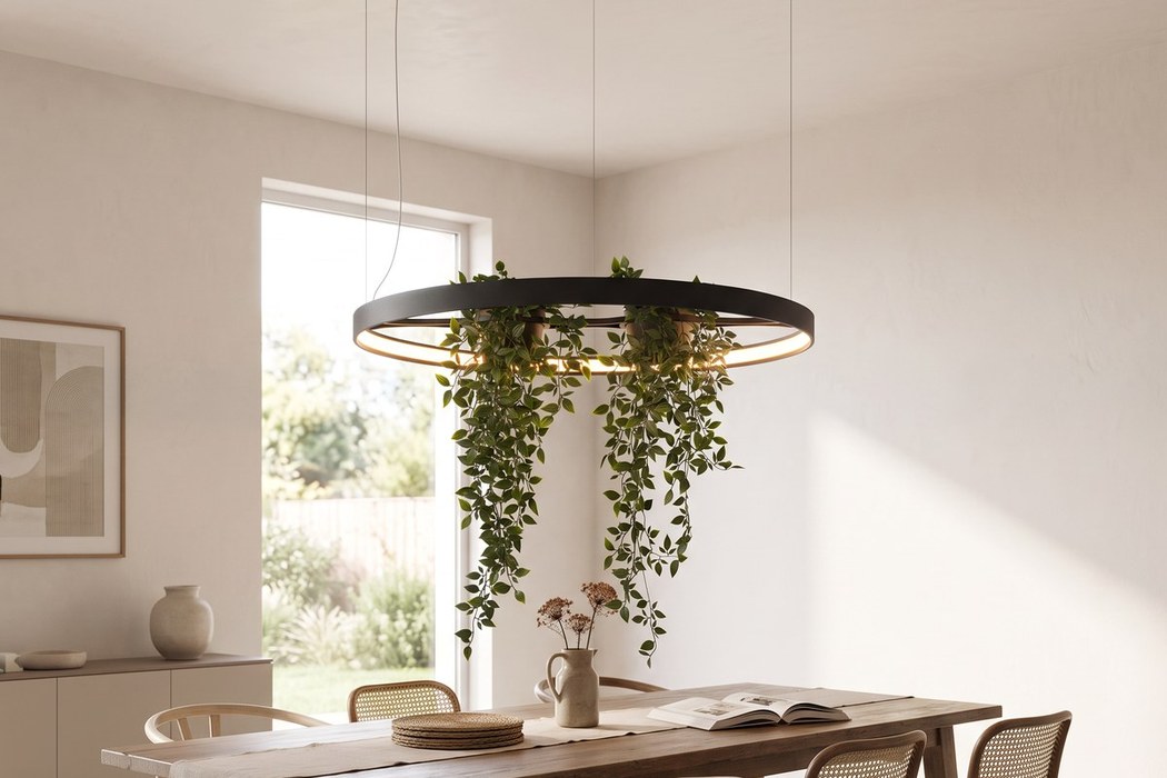 Schwarze LED-Ring-Hängeleuchte mit Pflanzgefäß