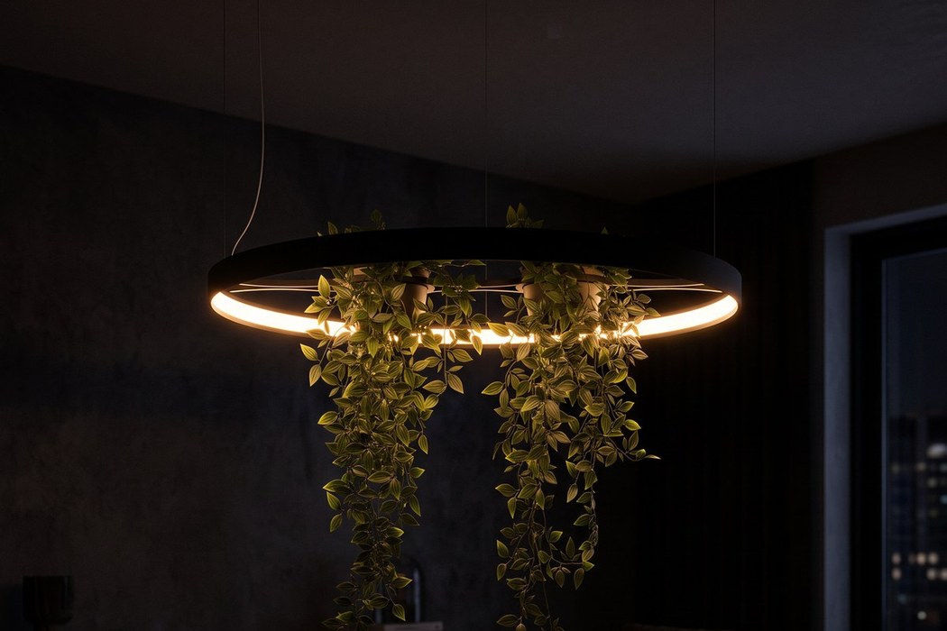 Schwarze LED-Ring-Hängeleuchte mit Pflanzgefäß
