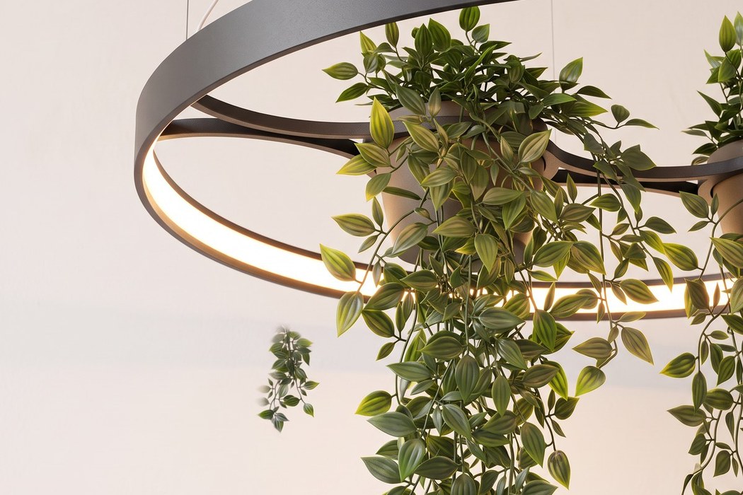 Schwarze LED-Ring-Hängeleuchte mit Pflanzgefäß