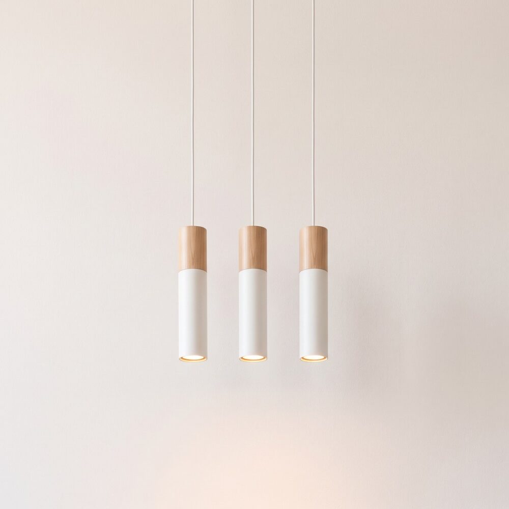 Minimalistische Pendelleuchte mit 3 Lampen aus Stahl und Holz
