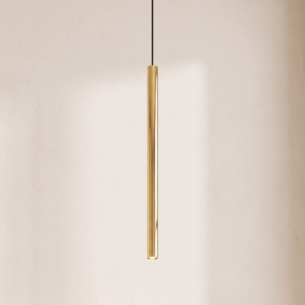 Minimalistische Rohr-Pendelleuchte aus goldfarbenem Metall