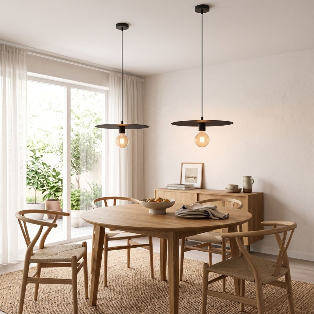 Moderne Pendelleuchte mit flacher Scheibe aus Stahl