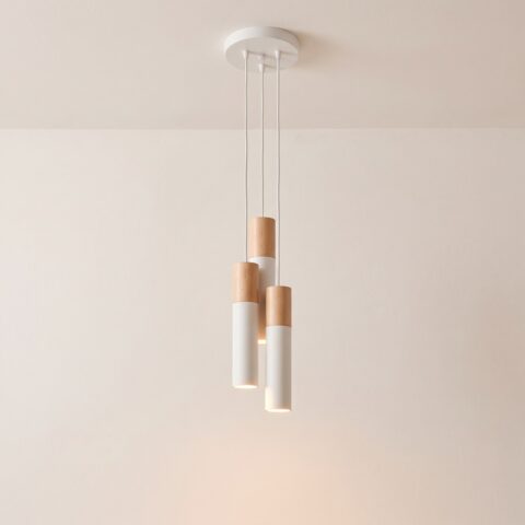Moderne Pendelleuchte mit 3 Rohren aus Stahl und Naturholz
