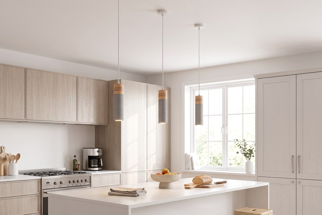 Moderne Pendelleuchte aus grauem Beton und Naturholz