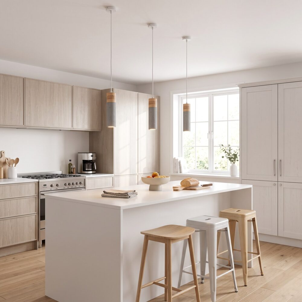 Moderne Pendelleuchte aus grauem Beton und Naturholz
