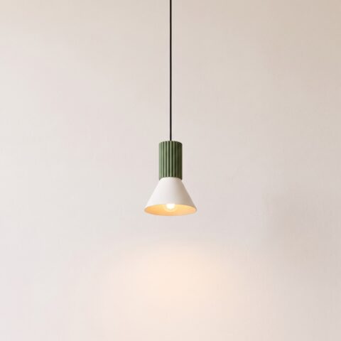 Konische Pendelleuchte in Olivgrün und Beige